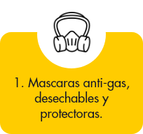 Mascaras anti-gas, desechables y protectoras.